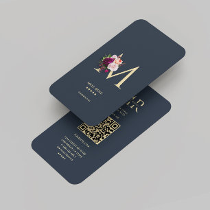 Modern Monogram M Bloemen Donkerblauw Goud Visitekaartje
