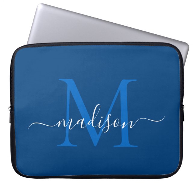 Modern Monogram Marine Blauw Elegant Chic Script N Laptop Sleeve (Voorkant)