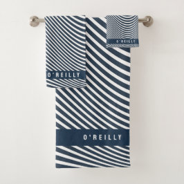 Modern Monogram Marine Blauw en Wit Streeppatroon Bad Handdoek