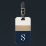 Modern Monogram marinesultaat Blue Gold Striped Ba Bagagelabel<br><div class="desc">Deze bagage is modern en chic en is voorzien van klassieke marineblauwe en goudstrepen en een aanpasbaar monogram. Voeg u naam en adres aan de rug voor een echt gepersonaliseerd bagagelabel toe.</div>