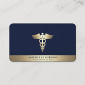 Modern Monogram Medical Caduceus Blue Faux Gold Visitekaartje (Voorkant)
