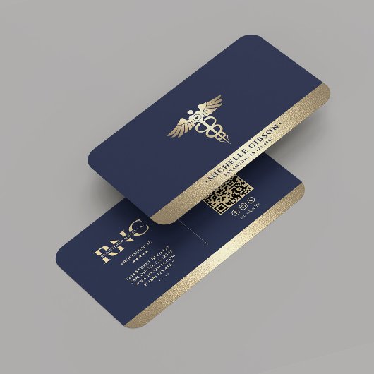 Modern Monogram Medical Caduceus Blue Faux Gold Visitekaartje