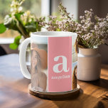 Modern monogram met 5 Fotocollage - Koraal Koffiemok<br><div class="desc">Een modern design met een gedurfd monogram en een 5 fotocollage. Personaliseer deze koffie mok met een monogram en uw favoriete vriend foto's of foto's van de kleinkinderen. Als u de afbeeldingen of monogrammen wilt aanpassen,  klikt u op het gereedschap Aanpassen om wijzigingen aan te brengen.</div>