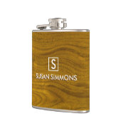 Modern Monogram met naam op hout Heupfles (Links)