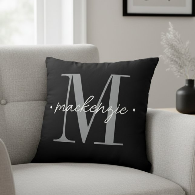 Modern Monogram Minimaal Zwart Wit Kussen (Creator heeft geüpload)