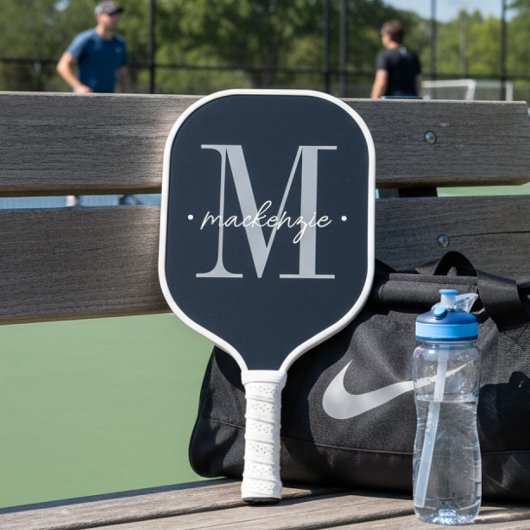 Modern Monogram Minimal Black White Pickleball Paddle