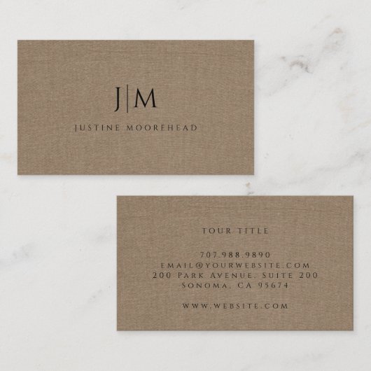 Modern Monogram Minimalistisch Bruin Linnen Effect Visitekaartje (Voorkant / Achterkant)