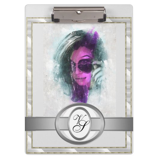 Modern Monogram Modieus Meisje Zwart en grijs Klembord (Voorkant)