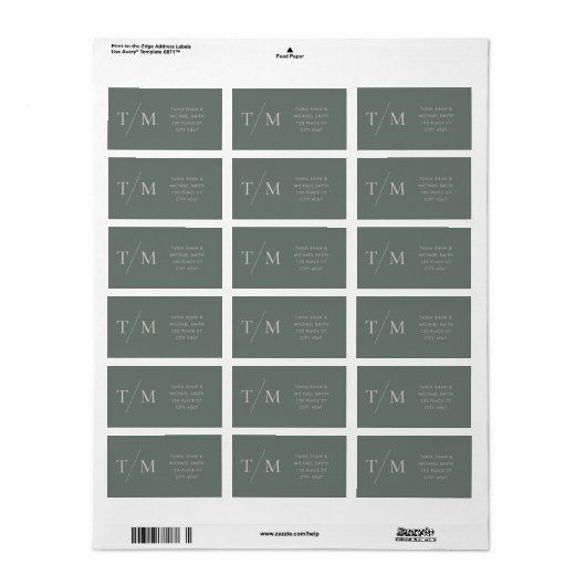 Modern Monogram Moss Dark Sage Wedding Etiket (Full Sheet)