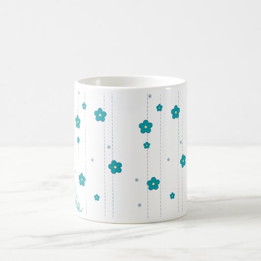 Modern Monogram Naam Blue Flower Design Coffee Mok (Center)