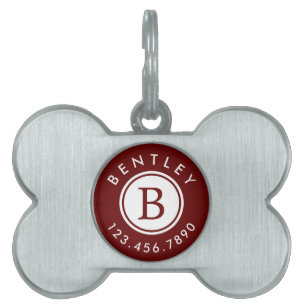 Modern monogram naam en telefoonnummer   Bourgogne Huisdieren Naamplaatje