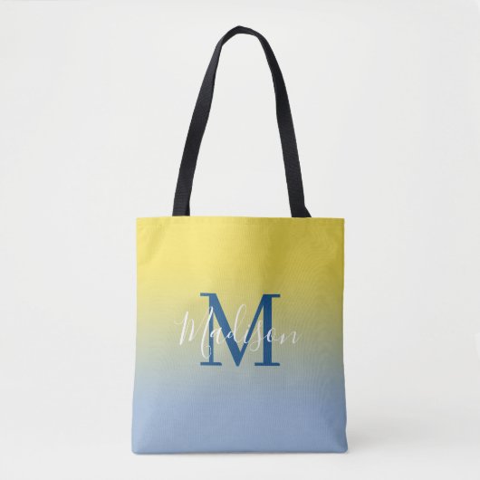 Modern Monogram Naam Geel tot Lichtblauw Gradiënt Tote Bag (Voorkant)