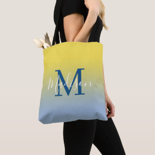 Modern Monogram Naam Geel tot Lichtblauw Gradiënt Tote Bag