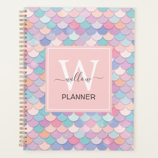 Modern Monogram Naam Initiaal Mermaid Bleek Roze Planner (Voorkant)