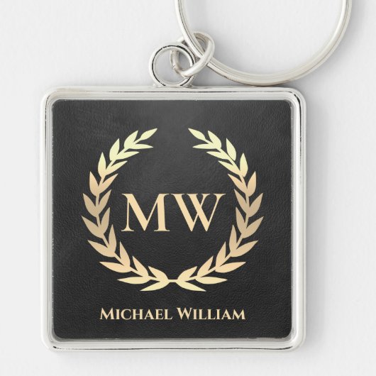 Modern Monogram Naam Initialen Zwart Goud Premium Sleutelhanger (Voorkant)