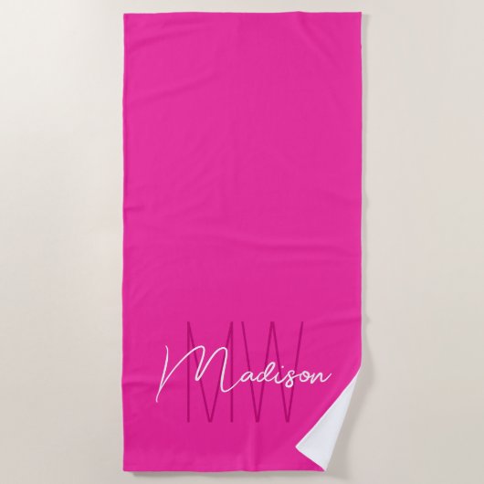 Modern Monogram Naam Script Roze Strandlaken (Voorkant)