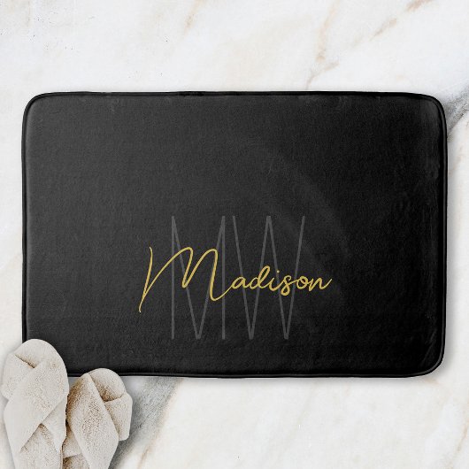 Modern Monogram Naam Script Zwart Goud Badmat