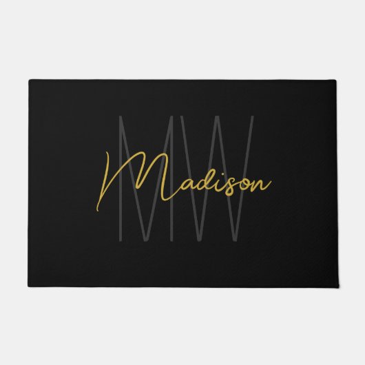 Modern Monogram Naam Script Zwart Goud Deurmat (Voorkant)
