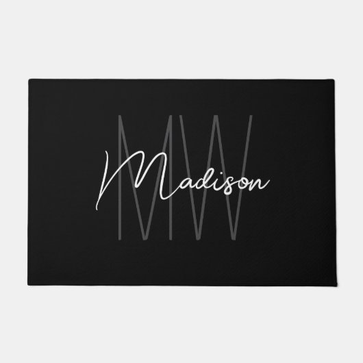 Modern Monogram Naam Script Zwart Wit Deurmat (Voorkant)