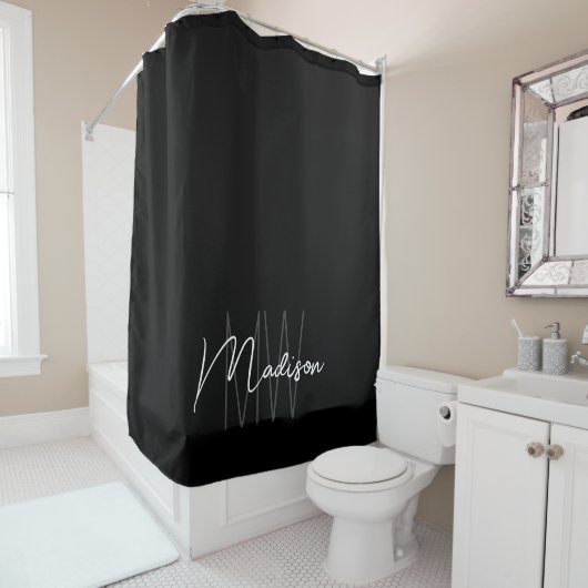 Modern Monogram Naam Script Zwart Wit Douchegordijn (In situ)