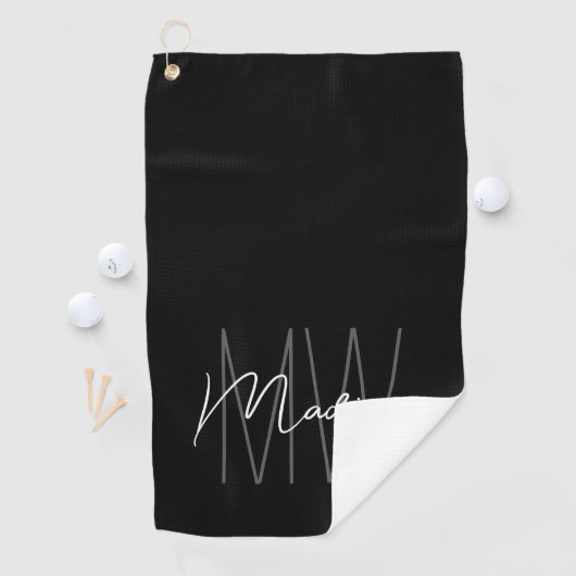 Modern Monogram Naam Script Zwart Wit Golfhanddoek (Insitu)