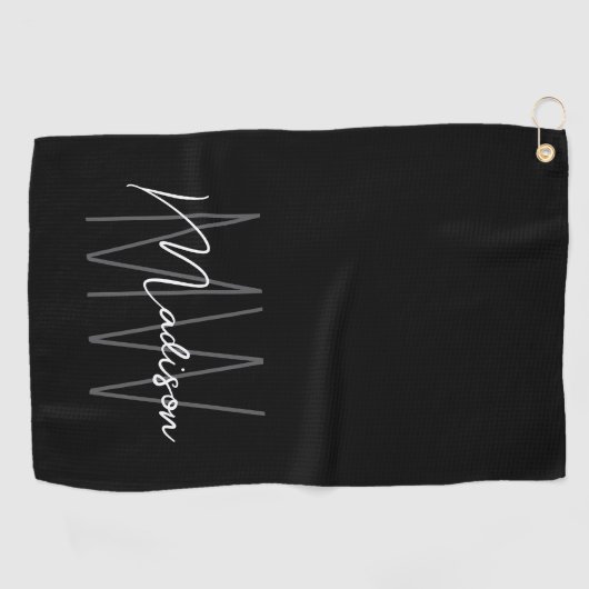 Modern Monogram Naam Script Zwart Wit Golfhanddoek (Horizontaal)