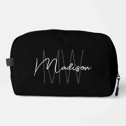 Modern Monogram Naam Script Zwart Wit Toilettasje (Voorkant)