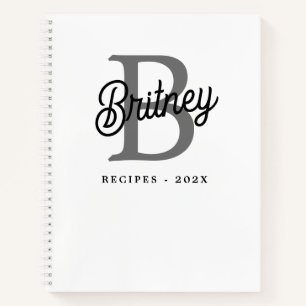 Modern Monogram Naam Zwart Grijs Script Recept Notitieboek