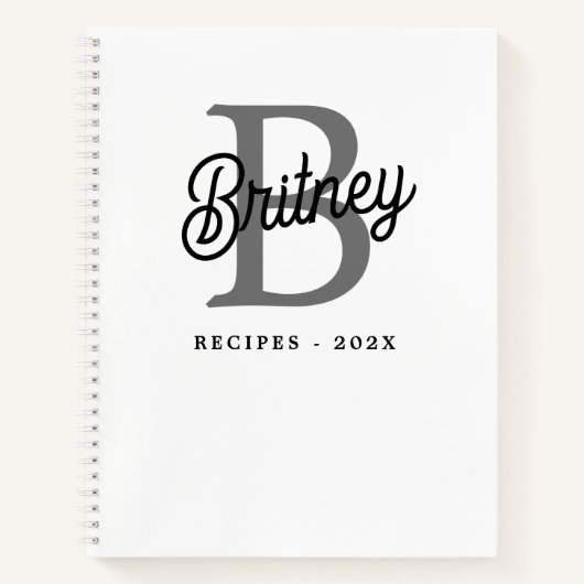 Modern Monogram Naam Zwart Grijs Script Recept Notitieboek (Voorkant)