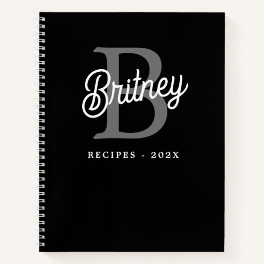 Modern Monogram Naam Zwart Grijs Script Recept Notitieboek (Voorkant)