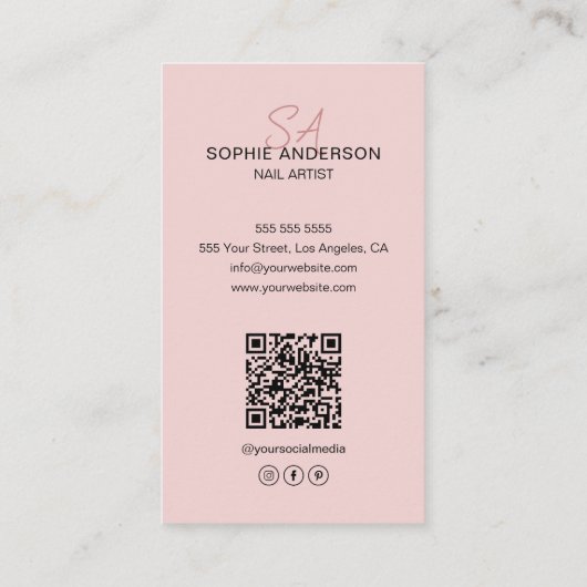 Modern Monogram Nail Artist Pink Visitekaartje (Achterkant)