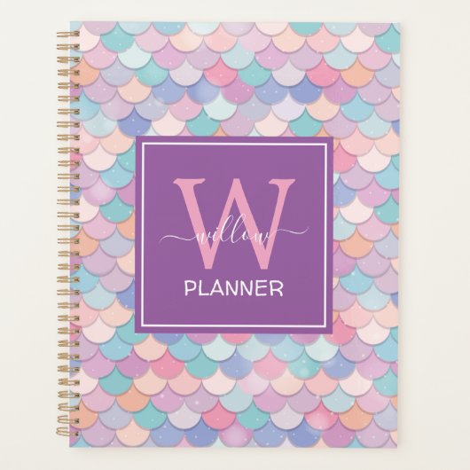 Modern Monogram Name Initiaal Mermaid Paars Planner (Voorkant)