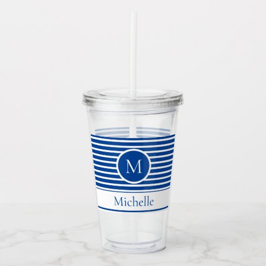 Modern monogram Nautical Blue Stripes Acryl Drinkbeker (Voorkant)