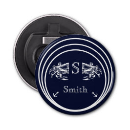 Modern Monogram Nautical Navy Blue Crab Button Flesopener