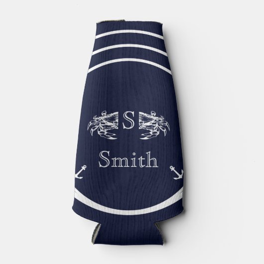 Modern Monogram Nautical Navy Blue Crab Flesjeskoeler (Voorkant)