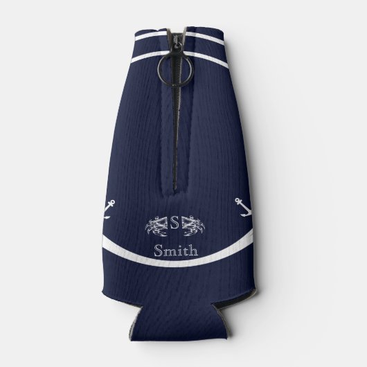 Modern Monogram Nautical Navy Blue Crab Flesjeskoeler (Achterkant)
