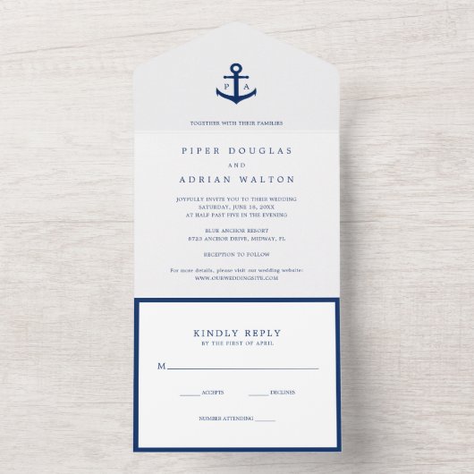 Modern Monogram nautisch anker Elegante bruiloft All In One Uitnodiging (Binnen)