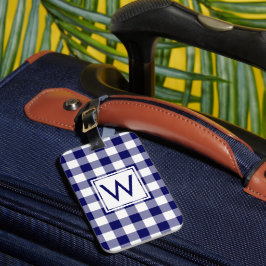 Modern Monogram Navy and White Gingham Pattern Bagagelabel