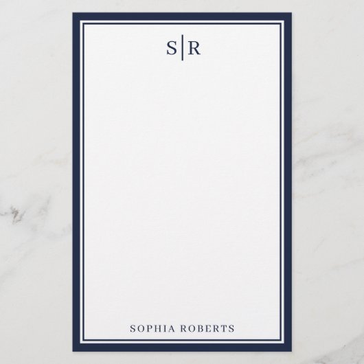 Modern Monogram Navy Blauw Wit Aangepaste Naam Briefpapier (Voorkant)