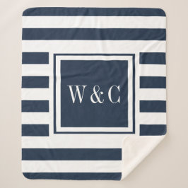 Modern Monogram Navy Blauw Witte Streep Sherpa Deken