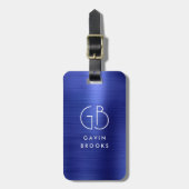 Modern Monogram Navy Blue Brushed Glam Metallic Bagagelabel (Voorkant verticaal)