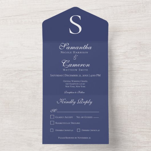 Modern Monogram Navy Blue Dinner All In One Uitnodiging (Binnen)
