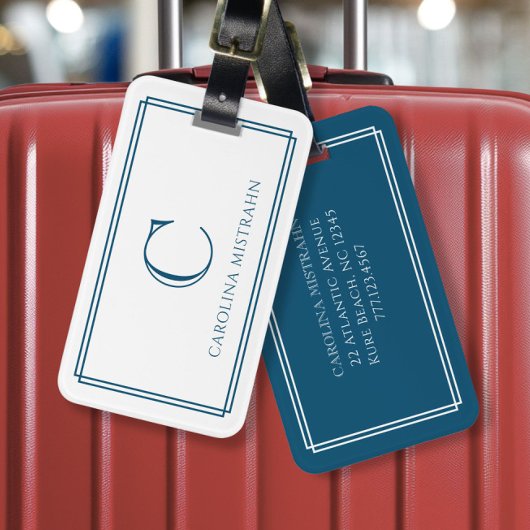 Modern Monogram Navy Blue Double Border Bagagelabel