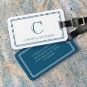 Modern Monogram Navy Blue Double Border Bagagelabel