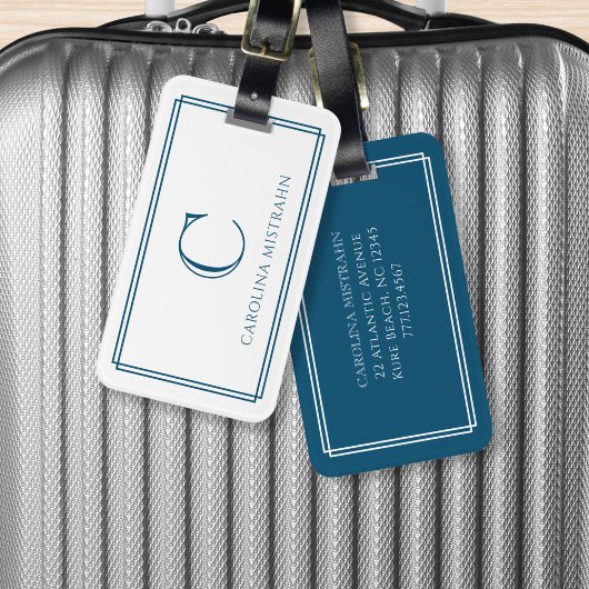 Modern Monogram Navy Blue Double Border Bagagelabel