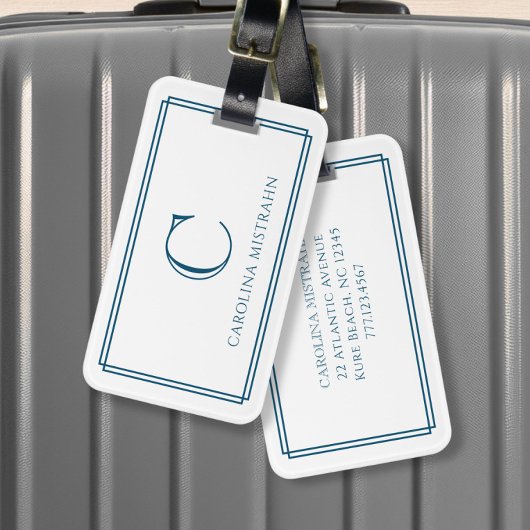 Modern Monogram Navy Blue Double Border Bagagelabel