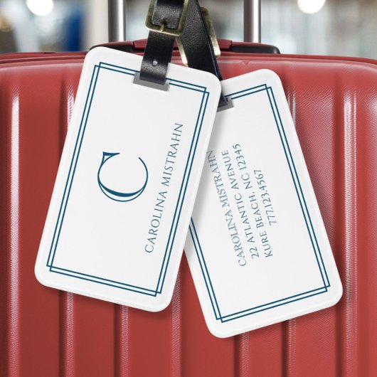 Modern Monogram Navy Blue Double Border Bagagelabel