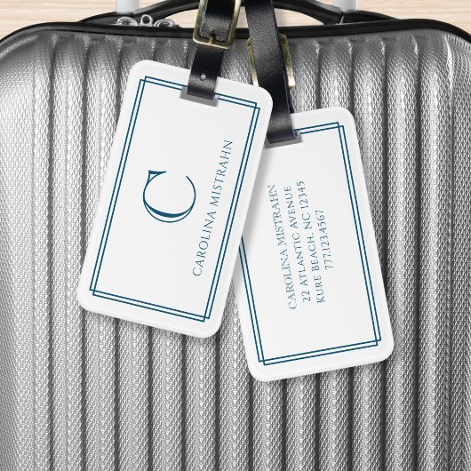 Modern Monogram Navy Blue Double Border Bagagelabel