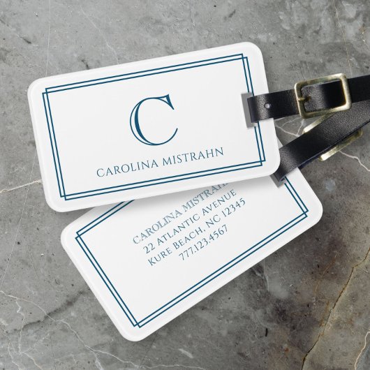 Modern Monogram Navy Blue Double Border Bagagelabel