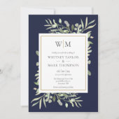 Modern Monogram Navy Blue Greenery Wedding Kaart (Voorkant)